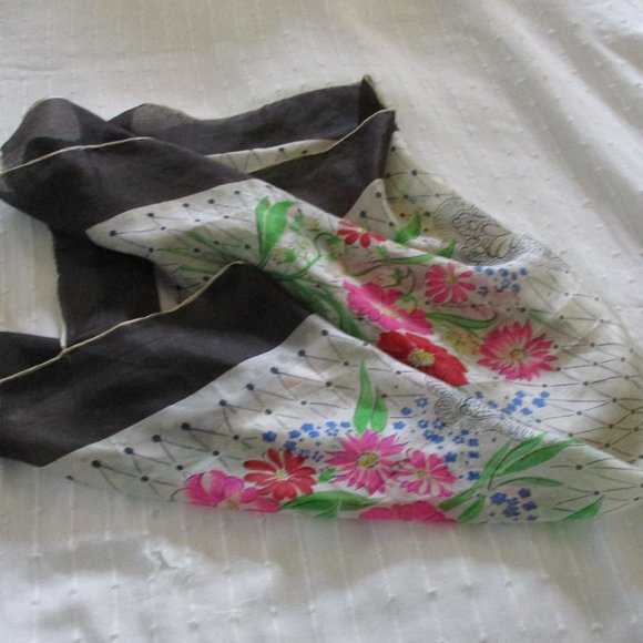 1940s black trim silk floral scarf - Picture 7 of 7